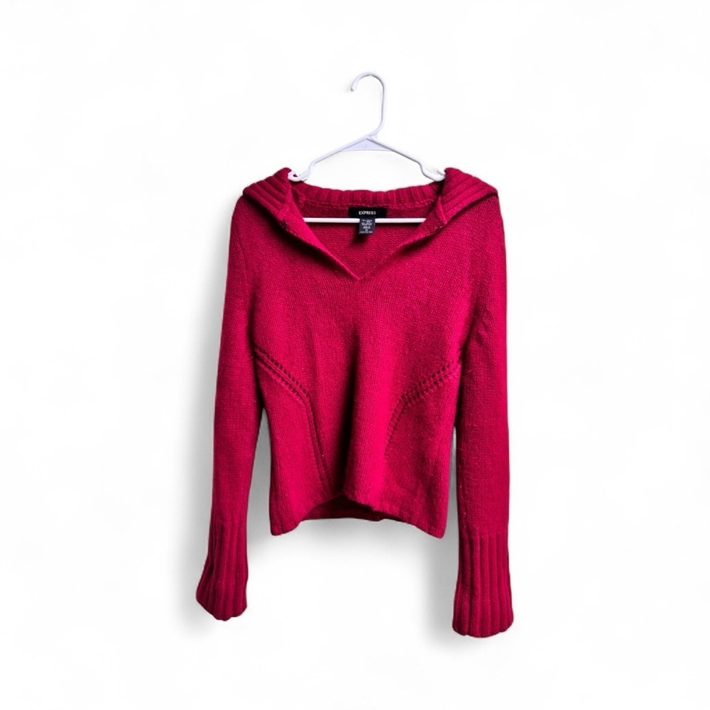 Express Women’s Sweater M Red Merino Wool Angora Blend V-Neck Pullover